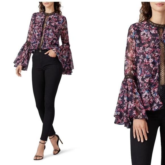 MISA Divya Floral Blouse Bell Sleeves Retro Lace Sheer Black Pink Purple XL - Picture 2 of 13